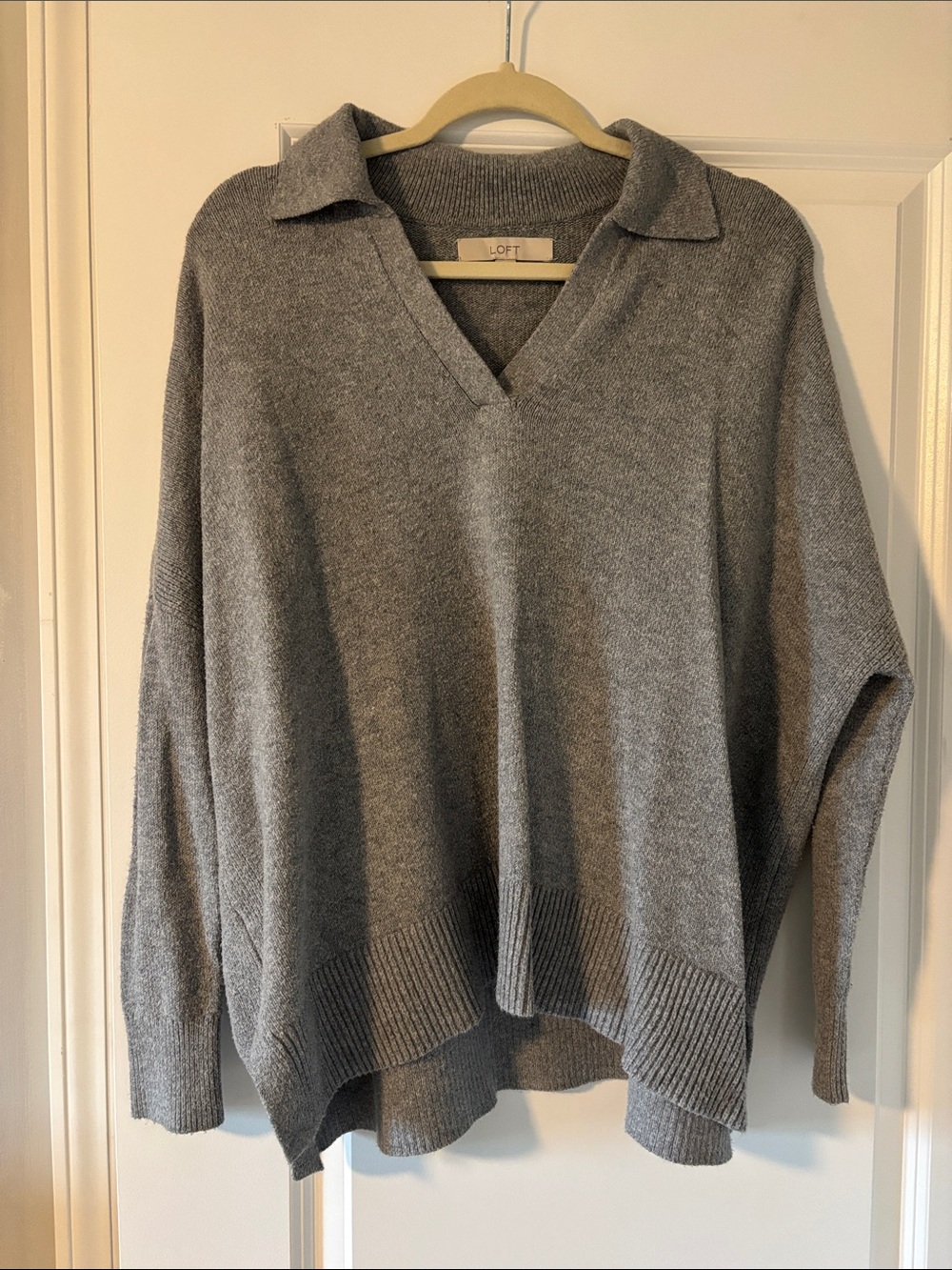 LOFT Gray Collared V-Neck Sweater Pullover